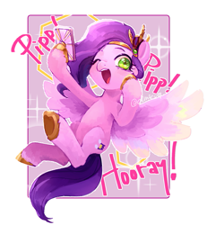 Size: 761x823 | Tagged: safe, artist:demiesop, pipp petals, pegasus, pony, g5, cellphone, female, mare, one eye closed, open mouth, open smile, passepartout, phone, pipp pipp hooray, pipp's phone, smartphone, smiling, solo, spread wings, wings