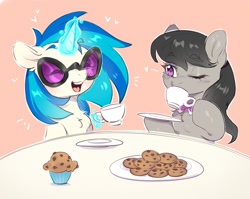 Size: 1486x1185 | Tagged: safe, artist:ls_skylight, artist:sl_skylight, dj pon-3, octavia melody, vinyl scratch, earth pony, pony, unicorn, g4, blushing, bowtie, cookie, cup, drink, drinking, duo, duo female, eyes closed, female, food, glowing, glowing horn, heart, hoof hold, horn, levitation, magic, magic aura, mare, muffin, octavia's bowtie, one eye closed, open mouth, teacup, telekinesis, vinyl's glasses