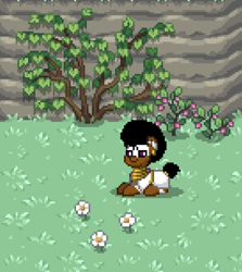 Size: 818x919 | Tagged: safe, pony, pony town, aesthetic, afro, colt, cute, flower, foal, jewelry, lying down, male, outdoors, prone, solo