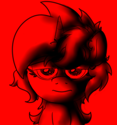 Size: 1328x1427 | Tagged: safe, artist:background basset, lyra heartstrings, pony, unicorn, g4, blank stare, bust, depressed, depressing, edgy, horn, limited palette, monochrome, red background, sad, simple background, solo