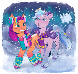 Size: 3234x3071 | Tagged: source needed, safe, artist:l211art, cloudpuff, queen haven, sunny starscout, pegasus, pony, g5, aurora borealis, clothes, duo, duo female, earmuffs, feathered fetlocks, female, leg warmers, lesbian, multicolored hair, scarf, ship:sunnyhaven, shipping, smiling, snow, snowfall, snowflake, starlight ridge, unshorn fetlocks