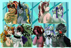 Size: 7000x4700 | Tagged: safe, artist:venomlion3, oc, oc only, oc:calypso deep, oc:glass rose crest, oc:graham, oc:graveyard slot, oc:hard rock candy, oc:jelly jams, oc:lunar eclipse (iesbeans), oc:morning glow, oc:seaweed wrap, oc:wolfsbane, alicorn, bat pony, earth pony, griffon, pegasus, pony, unicorn, adopted offspring, alicorn oc, bat pony oc, bust, choker, collar, crown, disguise, disguised siren, dreadlocks, ear piercing, earring, earth pony oc, electric guitar, emanata, facial scar, female, glasses, griffon oc, grin, guitar, horn, jewelry, lip piercing, magical lesbian spawn, male, mare, musical instrument, next generation, offspring, parent:adagio dazzle, parent:bon bon, parent:carrot cake, parent:cheese sandwich, parent:cup cake, parent:feather bangs, parent:gardyloo, parent:irma, parent:lyra heartstrings, parent:pinkie pie, parent:songbird serenade, parent:sunset shimmer, parent:swoon song, parent:twilight sparkle, parent:vinyl scratch, parents:carrot cup, parents:cheesepie, parents:feathersong, parents:lyrabon, parents:sunsetsparkle, parents:vinylserenade, pegasus oc, piercing, regalia, round glasses, scar, slit pupils, smiling, snake bites, spiked choker, spiked collar, stallion, unicorn oc, wings