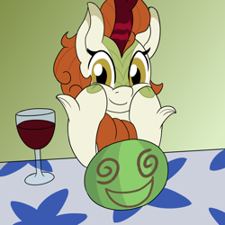 Size: 900x900 | Tagged: safe, alternate version, artist:unitxxvii, autumn blaze, kirin, g4, alcohol, female, food, glass, hoof on chin, looking at you, smiling, smiling at you, solo, textless, textless version, watermelon, wine, wine glass