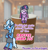 Size: 619x650 | Tagged: safe, artist:zoeyhorse, trixie, twilight sparkle, pony, unicorn, fanfic:twilight gets stuck inside of the coffee shop au (thanks to starlight), g4, apron, bipedal, bipedal leaning, clothes, coffee cup, crossed hooves, cup, cup of pony, duo, duo female, eye twitch, fanfic art, female, horn, leaning, lesbian, lidded eyes, looking at you, mare, micro, ship:twixie, shipping, smiling, smiling at you, text, unshorn fetlocks