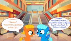 Size: 3833x2238 | Tagged: safe, artist:memeartboi, earth pony, pegasus, pony, g4, best friends, bff, brothers, colt, darwin watterson, duo, duo male, escalator, foal, grin, gumball watterson, indoors, looking at each other, looking at someone, male, mall, pegasus wings, ponified, shopping mall, siblings, smiling, speech bubble, spread wings, squee, standing, teeth, text, the amazing world of gumball, wings