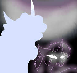 Size: 3962x3776 | Tagged: safe, artist:earth.loser, star swirl the bearded, twilight sparkle, unicorn, comic:friendship is pointless, g4, broken horn, friendship is pointless, glowing, glowing eyes, horn, horn markings, purple outline, scar, spirit, white eyes