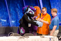 Size: 1600x1060 | Tagged: safe, nightmare moon, human, galacon, g4, 2015, fursuit, group, indoors, irl, irl human, jewelry, photo, ponysuit, quartet, regalia