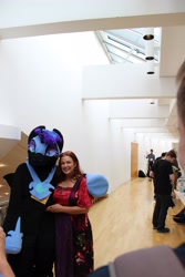 Size: 1536x2304 | Tagged: safe, nightmare moon, human, galacon, g4, 2015, duo focus, fursuit, hug, indoors, irl, irl human, jewelry, photo, ponysuit, regalia