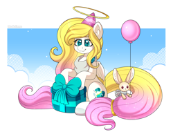 Size: 2800x2135 | Tagged: safe, artist:madelinne, oc, oc:angel light, pegasus, pony, rabbit, animal, balloon, birthday, clothes, female, mare, pegasus oc, present, solo