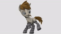 Size: 1920x1080 | Tagged: safe, artist:franzu5ik, oc, oc only, oc:slivka, earth pony, 3d, bow, brown mane, clothes, fangs, floppy ears, gray eyes, gray socks, male, raised hoof, simple background, socks, solo, solo male, source filmmaker, stallion, teeth, white background