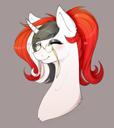 Size: 1583x1764 | Tagged: safe, oc, oc:red rocket, unicorn, bust, commission, glasses, happy, heart, horn, makeup, portrait, unicorn oc, ych result