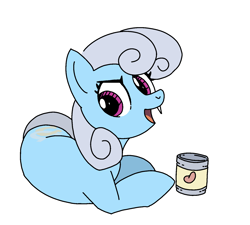 Size: 1590x1433 | Tagged: safe, artist:mandumustbasukanemen, linky, shoeshine, earth pony, pony, g4, can of beans, female, grin, looking over shoulder, lying down, mare, maretooth, simple background, smiling, solo, tooth, white background