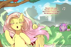 Size: 1440x960 | Tagged: safe, artist:cold-blooded-twilight translation, edit, fluttershy, spike, twilight sparkle, bird, dragon, pegasus, pony, unicorn, cold blooded twilight, comic:cold storm (ru), friendship is magic, g4, my little pony: friendship is magic, ..., blushing, chest fluff, colored eyelashes, comic, cyrillic, eyes closed, flower, flower in hair, hiding in bushes, horn, magic, open mouth, outdoors, ponytail, russian, singing, translation, translator:agent00k0t, unicorn twilight