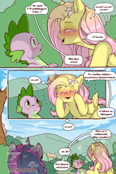 Size: 960x1440 | Tagged: safe, artist:cold-blooded-twilight translation, edit, fluttershy, spike, twilight sparkle, dragon, pegasus, pony, unicorn, cold blooded twilight, comic:cold storm (ru), g4, blushing, bush, comic, cyrillic, dialogue, eyelashes, eyes closed, female, flower, flower in hair, horn, mare, open mouth, open smile, russian, smiling, speech bubble, sweat, thought bubble, translation, translator:agent00k0t, tree, unicorn twilight