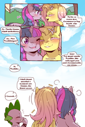 Size: 960x1440 | Tagged: safe, artist:cold-blooded-twilight translation, edit, fluttershy, spike, twilight sparkle, dragon, pegasus, pony, unicorn, cold blooded twilight, comic:cold storm (ru), g4, blushing, cheek to cheek, comic, cyrillic, dialogue, eyes closed, fangs, female, flower, flower in hair, horn, laughing, mare, nuzzling, open mouth, russian, smiling, snickering, speech bubble, translation, translator:agent00k0t, unicorn twilight