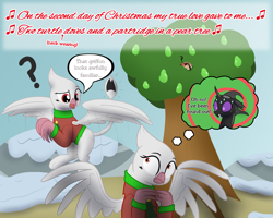 Size: 3500x2800 | Tagged: safe, artist:mightyshockwave, oc, oc only, oc:galena, oc:synthesis, changeling, griffon, changeling oc, clothes, disguise, disguised changeling, griffon oc, outdoors, partridge, pear tree, purple changeling, snow, tree, turtleneck, twelve days of christmas