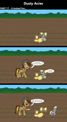 Size: 1920x3516 | Tagged: safe, artist:platinumdrop, derpy hooves, oc, oc:dusty hooves, earth pony, pegasus, comic:dusty acres, series:technoverse, g4, 3 panel comic, comic, commission, crying, dialogue, female, filly, foal, male, pointing, sack, sad, seeds, speech bubble, stallion, walking, younger