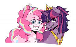 Size: 1600x1000 | Tagged: safe, artist:slapearl, pinkie pie, twilight sparkle, alicorn, earth pony, pony, g4, alternate hairstyle, chest fluff, clown, clown makeup, crown, duo, duo female, female, grin, hat, horn, jewelry, lesbian, lipstick, mare, markings, party hat, redesign, regalia, ship:twinkie, shipping, simple background, smiling, twilight sparkle (alicorn), white background