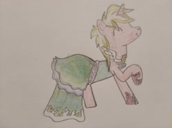 Size: 4032x3016 | Tagged: safe, artist:jakusi, sunshine smiles, pony, unicorn, g4, clothes, dress, eyes closed, female, happy, horn, mare, shoes, traditional art