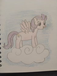 Size: 3016x4032 | Tagged: safe, artist:jakusi, clear skies, pegasus, pony, g4, cloud, female, happy, mare, on a cloud, outdoors, sky, standing on a cloud, traditional art