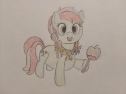 Size: 4032x3016 | Tagged: safe, artist:jakusi, candy apples, g4, apple, apple family member, bow, braid, braided pigtails, candy apple, food, hair bow, happy, looking at you, neckerchief, offering, open mouth, pigtails, traditional art, twin bows