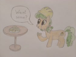 Size: 4032x3016 | Tagged: safe, artist:jakusi, apple brown betty, pony, g4, apple family member, apple fritter (food), clothes, eating, female, food, hard hat, hat, herbivore, mare, pigtails, plate, speech bubble, table, text, traditional art