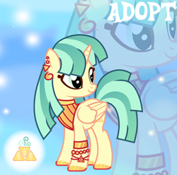 Size: 1280x1271 | Tagged: safe, artist:vi45, oc, oc only, alicorn, pony, adoptable, alicorn oc, base used, blue eyes, blue mane, blue tail, bracelet, bracer, brown eyelashes, colored eyelashes, colored hooves, cream coat, cuirass, ear piercing, earring, egyptian, egyptian pony, eyelashes, female, female oc, folded wings, gold hooves, gold jewelry, gradient background, hooves, horn, jewelry, long mane, long tail, mare, mare oc, piercing, shiny hooves, smiling, solo, standing, straight mane, straight tail, tail, three quarter view, turned head, two toned mane, two toned tail, unicorn horn, wings, zoom layer