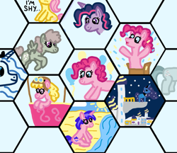 Size: 1145x988 | Tagged: safe, artist:jakusi, cherry berry, dust devil, fluttershy, marble pie, pinkie pie, princess luna, sea swirl, seafoam, alicorn, pegasus, unicorn, g4, aviator hat, balcony, balloon, balloon basket, beach, box, butt, canterlot, cloud, confetti, cropped, drawpile, female, flying, goggles, grid, happy, hat, hexagon, horn, hot air balloon, mare, night, ocean, palette swap, race swap, recolor, sitting, stars, sun, text, tower, water