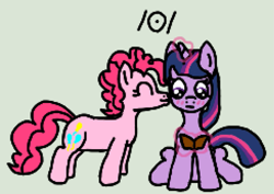 Size: 975x689 | Tagged: safe, artist:jakusi, pinkie pie, twilight sparkle, unicorn, g4, /bale/, aggie.io, blushing, book, eyes closed, female, horn, international phonetic alphabet, kissing, lesbian, magic, magic aura, mare, ponerpics import, ship:twinkie, shipping, sitting