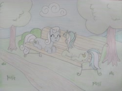 Size: 4032x3016 | Tagged: safe, artist:jakusi, linky, lyra heartstrings, shoeshine, earth pony, unicorn, g4, bench, eyes closed, female, happy, horn, lying down, mare, park, park bench, smiling, talking, traditional art, tree