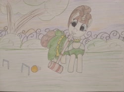 Size: 4032x3016 | Tagged: safe, artist:jakusi, fine line, maxie, pony, unicorn, g4, ball, canterlot, clothes, croquet, croquet mallet, dress, female, horn, mallet, mare, smiling, solo, traditional art, tree