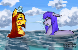 Size: 1666x1080 | Tagged: safe, artist:chunk_spunk, oc, oc only, oc:iris iridescence, earth pony, pony, cloud, duo, grumpy, looking at each other, looking at someone, not geoffrey the giraffe, ocean, outdoors, playing, spitting, swimming, water