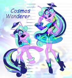 Size: 3928x4235 | Tagged: safe, oc, oc only, alien, alien pony, earth pony, human, monster pony, pony, equestria girls, g4, adoptable, adopted, adoption, antennae, black eye, blaster, blue eyeshadow, boots, ear piercing, earring, elf ears, eyeshadow, high heel boots, humanized, jewelry, lips, makeup, piercing, shoes, ufo, vampire teeth