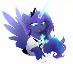 Size: 1280x1120 | Tagged: safe, artist:shpoof, princess luna, alicorn, butterfly, g4, clothes, crown, female, halfbody, horn, jewelry, long hair, magic, regalia, shirt, simple background, solo, t-shirt, white background, wings