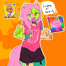 Size: 1920x1920 | Tagged: safe, artist:confusedsicko, fluttershy, human, undead, zombie, anthro, g4, choker, chokershy, clothes, cute, female, looking at you, open mouth, shorts, speech bubble, torn clothes