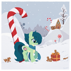 Size: 2500x2500 | Tagged: safe, artist:kaylemi, oc, oc only, earth pony, food pony, pony, candy, candy cane, earth pony oc, food, gingerbread (food), gingerbread house, gingerbread pony, outdoors, passepartout, ponified, present, snow, snowfall, tree