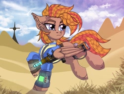 Size: 2992x2272 | Tagged: safe, artist:chloejoshh, oc, oc only, oc:coma, pegasus, pony, fallout equestria, clothes, desert, jumpsuit, laser rifle, outdoors, pegasus oc, pipboy, vault suit, wings