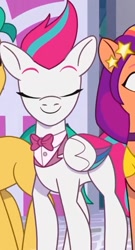 Size: 564x1047 | Tagged: safe, screencap, zipp storm, earth pony, pony, baby critters, g5, my little pony: tell your tale, bowtie, clothes, cropped, door, eyes closed, female, formal wear, happy, smiling, solo, suit, turning, tuxedo