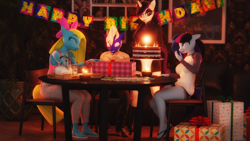 Size: 3840x2160 | Tagged: safe, artist:artempredator, oc, oc only, oc:cuteamena, oc:electric blue, oc:maple cake, oc:silver predator, anthro, plantigrade anthro, g4, 3d, birthday, blender, blushing, bow, cake, candle, clothes, embarrassed, feet, flip-flops, food, gift art, happy birthday, indoors, mug, multicolored hair, party, present, sandals, shirt, table