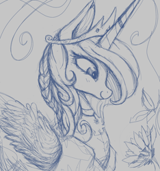 Size: 1414x1510 | Tagged: safe, artist:colochenni, princess celestia, alicorn, pony, g4, alternate hairstyle, clothes, crown, dress, flower, horn, horn ring, jewelry, monochrome, regalia, ring, sketch, solo, sunflower, wings