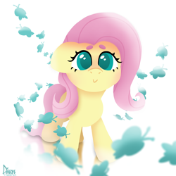 Size: 2338x2340 | Tagged: safe, artist:imlpidimon, fluttershy, butterfly, pegasus, g4, cute, perspective, reflection, signature, simple background, solo, white background, wingless, wings