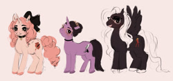 Size: 2000x937 | Tagged: safe, artist:swollenbabyfat, oc, oc only, oc:love drawn, unnamed oc, pegasus, pony, unicorn, big bow, black bow, black coat, bow, brown eyes, brown mane, brown tail, choker, colored hooves, colored sketch, curly mane, curly tail, duo, ear piercing, earring, eyelashes, female, female oc, frown, glasses, hair bow, hair bun, heart choker, height difference, hooves, horn, jewelry, long mane, long tail, mare, mare oc, neon genesis evangelion, open mouth, open smile, pegasus oc, piercing, pink background, pink coat, pink hooves, ponified, ponysona, profile, purple coat, purple hooves, simple background, sketch, smiling, souryuu asuka langley, spread wings, standing, tail, tied mane, trio, trio female, unicorn oc, wavy mane, wavy mouth, wavy tail, white background, white hooves, white mane, white tail, wings