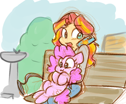 Size: 868x719 | Tagged: safe, artist:zutcha, pinkie pie, sunset shimmer, earth pony, human, pony, equestria girls, g4, :3, bench, cellphone, cute, diapinkes, duo, duo female, female, happy, heterochromia, holding a pony, hug, hug from behind, hugging a pony, human and pony, phone, shimmerbetes, sketch, smartphone, water fountain