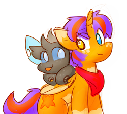 Size: 1309x1177 | Tagged: safe, artist:zutcha, oc, oc only, oc:zutcha, alicorn, changeling, pony, bandana, changeling oc, duo, duo male, freckles, heterochromia, horn, looking at each other, looking at someone, male, simple background, smiling, smiling at each other, stallion, tongue out, white background