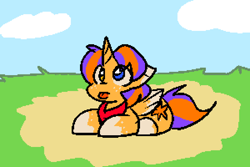 Size: 900x600 | Tagged: safe, artist:zutcha, oc, oc only, oc:zutcha, alicorn, pony, bandana, floppy ears, freckles, heterochromia, horn, looking up, lying down, male, outdoors, pixel-crisp art, prone, solo, stallion, tongue out