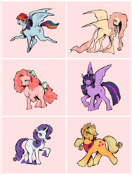 Size: 1239x1651 | Tagged: safe, artist:swollenbabyfat, applejack, fluttershy, pinkie pie, rainbow dash, rarity, twilight sparkle, alicorn, earth pony, pegasus, pony, unicorn, g4, alternate design, alternate hairstyle, alternate tailstyle, applejack's hat, beanbrows, blonde mane, blonde tail, blue bow, blue coat, blue eyes, blue eyeshadow, blush lines, blushing, bow, chubby, cloven hooves, colored eyebrows, colored fetlocks, concave belly, cowboy hat, curly mane, curly tail, curved horn, eyebrows, eyelashes, eyeshadow, female, fetlock tuft, gradient legs, green eyes, group, hair accessory, hair bow, hair tie, hat, height difference, horn, jewelry, large wings, light pink background, long legs, long mane, long tail, looking at you, magenta eyes, makeup, mane accessory, mane six, mane tie, mare, medallion, multicolored hair, multicolored mane, neck ribbon, necklace, no catchlights, open mouth, open smile, orange coat, partially open wings, physique difference, pink background, pink coat, pink mane, pink tail, ponytail, profile, purple eyes, purple mane, purple tail, rainbow hair, rainbow tail, raised hoof, raised leg, redraw, ringlets, sextet, simple background, slender, smiling, smiling at you, spread wings, standing, standing on three hooves, stetson, tail, tail accessory, tail bow, tail tie, tallershy, teal eyes, thin, thin legs, three toned mane, three toned tail, tied mane, tied tail, turned head, twilight sparkle (alicorn), unicorn horn, white coat, white pupils, wings, yellow coat