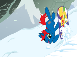 Size: 2048x1536 | Tagged: safe, artist:ry-bluepony1, oc, oc:train track, unicorn, g4, horn, male, snowboard, snowboarding, solo