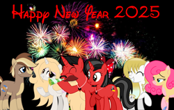 Size: 2626x1664 | Tagged: safe, artist:mickey1909, oc, oc only, oc:mickey motion, oc:minnie motion, unicorn, g4, female, fireworks, happy new year, happy new year 2025, holiday, horn, male, new year, unicorn oc