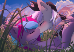 Size: 1600x1128 | Tagged: safe, artist:glumarkoj, oc, oc only, oc:cloud twist, oc:silver edge, alicorn, bat pony, bat pony alicorn, earth pony, unicorn, bat wings, blushing, commission, cute, eyes closed, grass, hat, horn, kissing, male, nature, outdoors, sky, smooch, stallion, stallion oc, wings