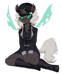 Size: 800x950 | Tagged: safe, artist:imjustpage, oc, oc only, oc:kitu elder, changeling, changeling queen, anthro, equestria at war mod, boots, clothes, coat, eyelashes, fangs, female, gray coat, horn, legs, lipstick, shoes, simple background, solo, tail, transparent background, uniform, uniform hat, white mane